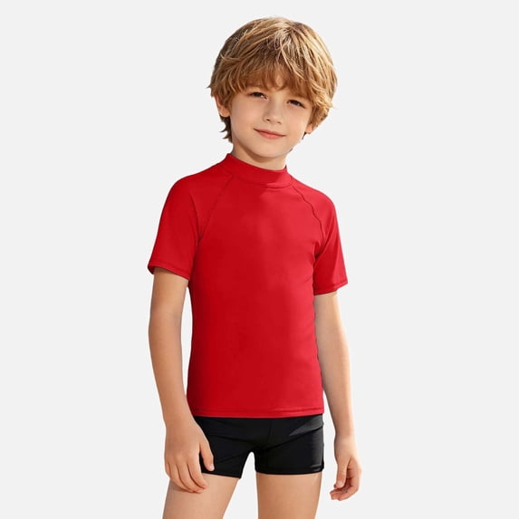Ticikt Boys' Short Sleeve Rash Guard, UPF 50+ Sun Protection Swim Shirt for Kids,Red