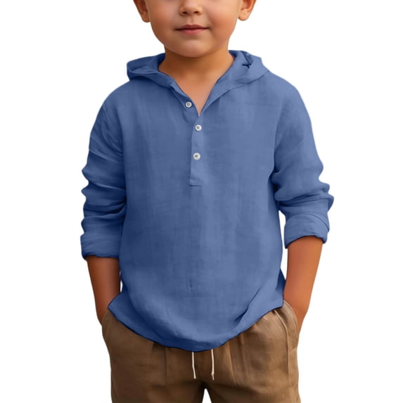 Ticikt Boys Summer Hooded Shirt Long Sleeve Button Down Beach Top Breathable Solid Color Casual Wear for Youth Children,Color:Blue