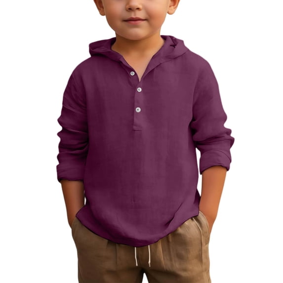 Ticikt Boys Summer Hooded Shirt Long Sleeve Button Down Beach Top Breathable Solid Color Casual Wear for Youth Children,Color:Dark Purple
