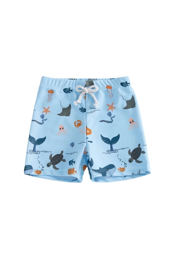 Boys Swim Trunks with Ocean Animal and Plaid Print Beach Swimwear for Toddler and Kids