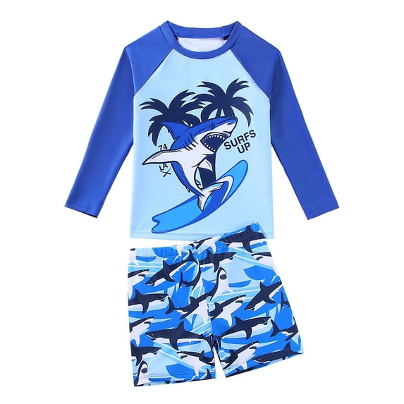 Ticikt Boys Two Piece Rash Guard Swimsuits Kids Long Sleeve Printed Swimwear Sets Quick Drying Bathing Suit Boys,Color:Z10 Blue,Size:3-4 Years