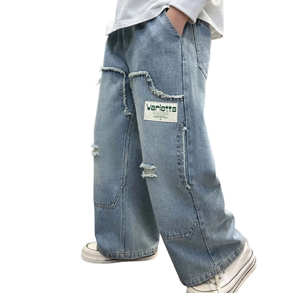Ticikt Boys Wide Leg Jeans, Elastic Waist Distressed Denim Cargo Pants with Pockets Loose Fit Casual Trousers,Size:11-12 Years