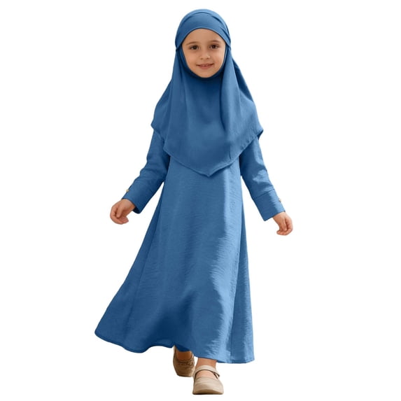 Ticikt Chiffon layered Open Abaya Cardigan Abayas Dresses for Girls Casual Robe Kimono Islam Clothing,Color:Blue,Size:7-8 Years