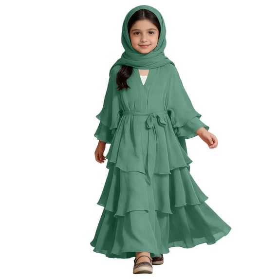 Ticikt Chiffon layered Open Abaya Cardigan Abayas Dresses for Girls Casual Robe Kimono Islam Clothing,Color:Mint Green,Size:9-10 Years
