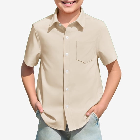 Ticikt Children Breathable Pocket Collar Top, Solid Short Sleeve Button Front Casual Shirts,Color:Beige,5-6 Years