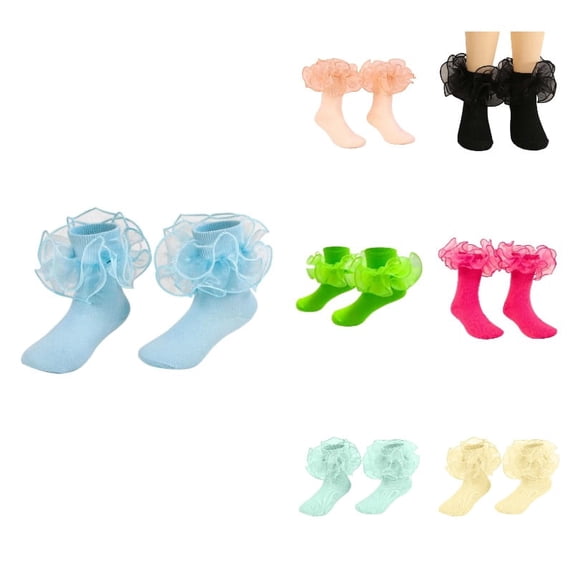 Ticikt Cotton Girls Lace Ankle Socks, Solid Color Ruffle Frilly Thin Socks for Little Girls Party Daily Wear,Blue