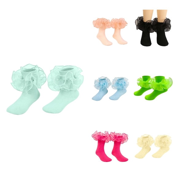 Ticikt Cotton Girls Lace Ankle Socks, Solid Color Ruffle Frilly Thin Socks for Little Girls Party Daily Wear,Light Green