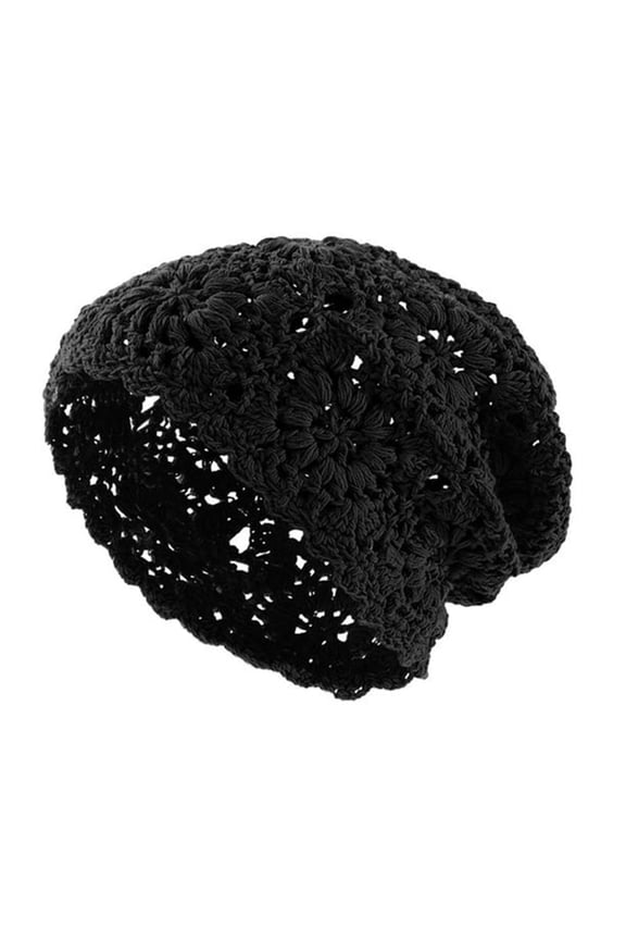 Crochet Slouchy Beanie Hat 2026 Spring Handmade Knit Floral Skull Cap Cotton Cutout Hats for Women Lightweight Knitted,Color:Black