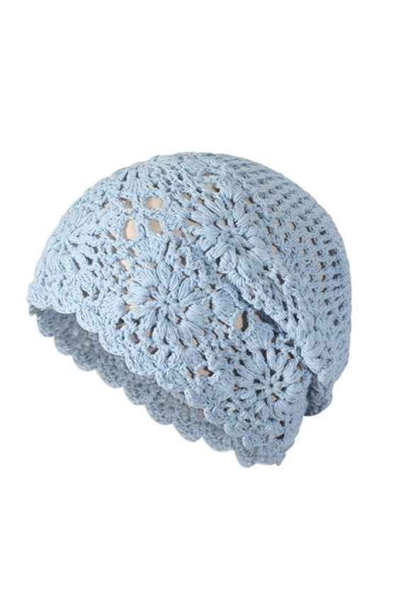 Crochet Slouchy Beanie Hat 2026 Spring Handmade Knit Floral Skull Cap Cotton Cutout Hats for Women Lightweight Knitted,Color:Blue