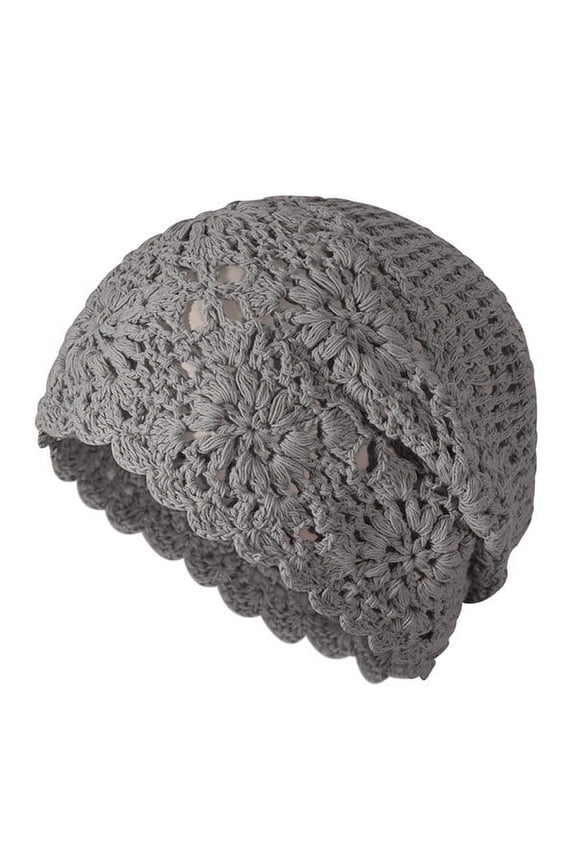 Crochet Slouchy Beanie Hat 2026 Spring Handmade Knit Floral Skull Cap Cotton Cutout Hats for Women Lightweight Knitted,Color:Grey
