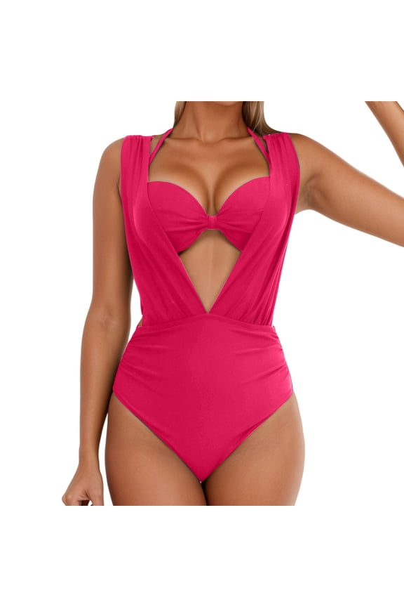 Deep V Hard Cup Gathered Underwear Sexy High Waisted Bikini Two Piece Swimsuit