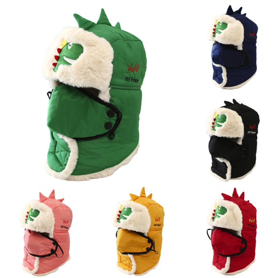 Ticikt Dinosaur Winter Trapper Hat for Kids - Lined Ushanka with Mittens & Face Cover for Boys Full Coverage,Green