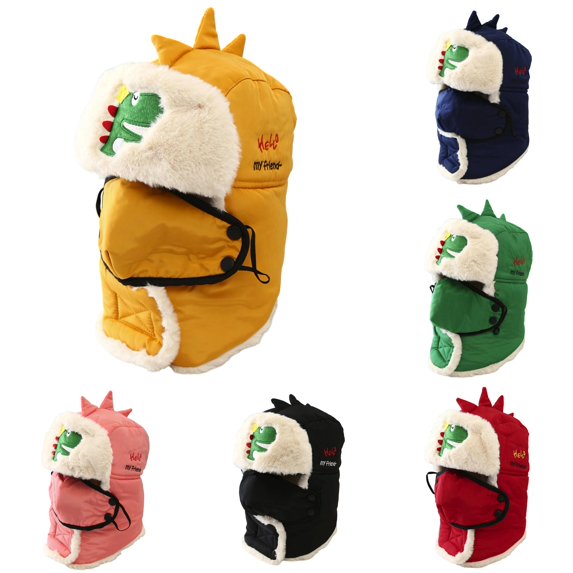 Ticikt Dinosaur Winter Trapper Hat for Kids - Lined Ushanka with Mittens & Face Cover for Boys Full Coverage,Yellow