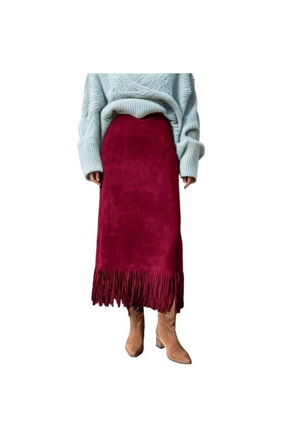 Ticikt Elegant Fringe Midi Skirt for Fashion Flowy Boho A Line Knee Length Casual Party Skirt, Western Cowgirl Fringe Maxi Skirt High Waist Country Concert Suede Tassel Skirt,Color:Red