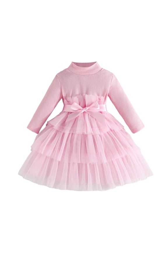Elegant Girls Long Sleeve High Neck Solid Color Tiered Dress for and Autumn Party Occasion