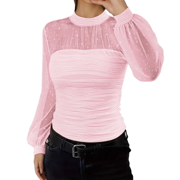 Ticikt Elegant Pearl Mesh Long Sleeve Blouse Layering Top Soft Basic Shirt for Casual and Dressy Occasions,Color:Pink,L