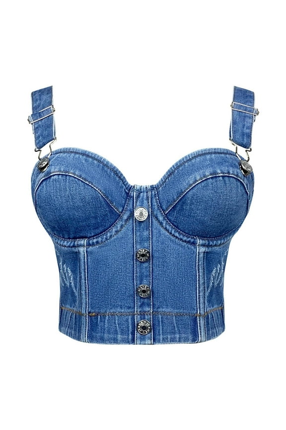 Fashion Denim Tube Top for Women Button Front Slim Fit Strap Design Casual Wear,Color:Blue