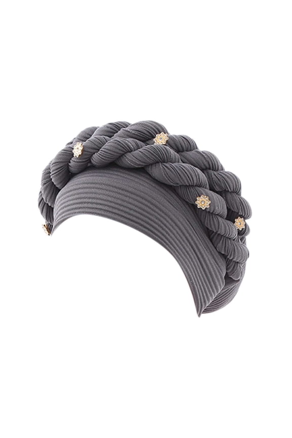 Fashion Women Beading Braid Hat Ruffle Cancer Wrap Cap Sleep Caps Satin Lined Hair Bonnets,Color:Grey