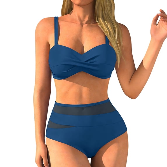 Ticikt Fashionable Push Up Two Piece Swimwear Tankini Top with High Waisted Bottoms,Color:Dark Blue,S