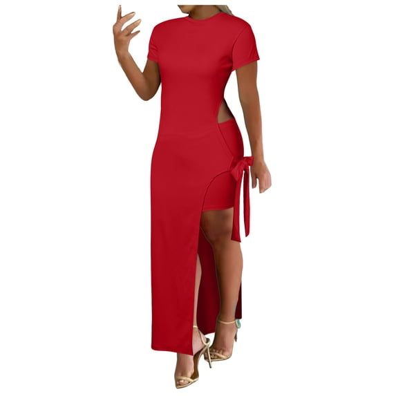 Ticikt Fashionable Tied Detail Slit Asymmetrical Camisole and Shorts Matching Set for Women,Color:Red