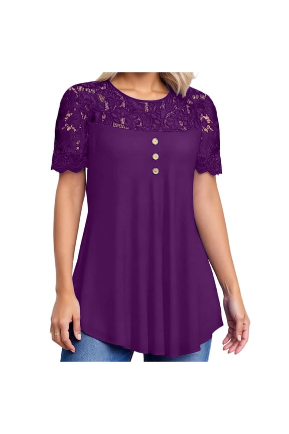 Floral Lace Short Sleeve T Shirt Elegant Round Neck Blouse for Summer Casual Comfortable Soft Basic Tee Top,Color:Dark Purple,Size:XXL