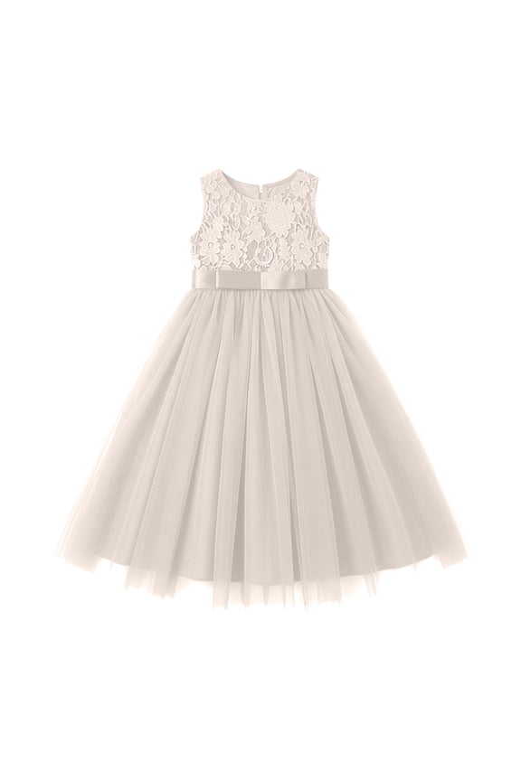 Flower Girls Lace Bridesmaid Dress Princess Elegant Tulle Long A Line Dresses Pageant Wedding Party Ball Gown,Color:Beige
