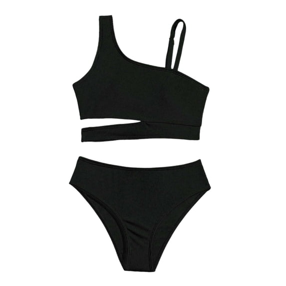 Ticikt Girl's 2 Piece Halter High Waisted Tankini Ruffle Swimsuit Bathing Suit Bikini Sets,Color:Black,7-8 Years