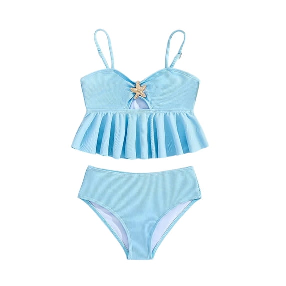 Ticikt Girl's 2 Piece Tankini Swimsuit with Metal Decoration Textured Twist Front Ruched Ruffle Bikini Set Bathing Suits,Color:Sky Blue,Size:4-5 Years