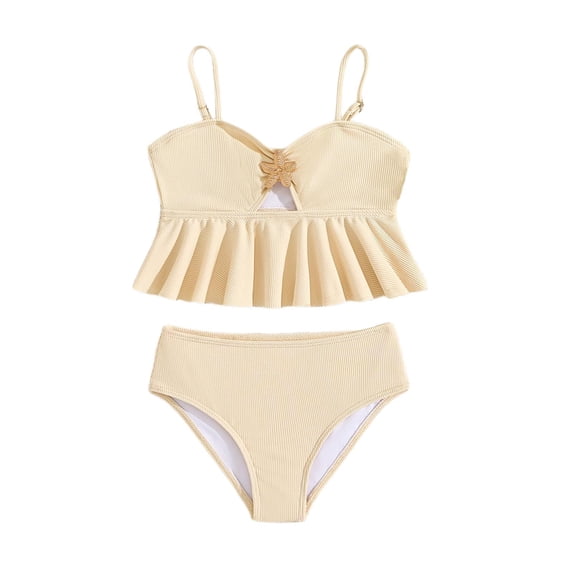 Ticikt Girl's 2 Piece Tankini Swimsuit with Metal Decoration Textured Twist Front Ruched Ruffle Bikini Set Bathing Suits,Color:Beige,Size:5-6 Years