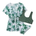 thumbnail image 1 of Ticikt Girl's 3 Piece Swimsuit Wrap U Neck High Waisted Tikini Set with Tropical Print Mesh Cover Up,Color:Green,Size:6-7 Years, 1 of 6