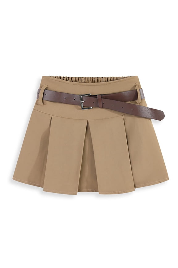Girl's Low Waist Pleated Stretch Tennis Skater Mini Skirt with Belt,Color:Khaki