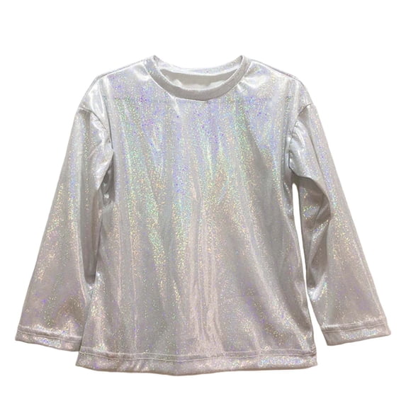 Ticikt Girl's Metallic Oversized T-Shirt Disco Outfits Crew Neck Loose Dance Tops,Color:Silver