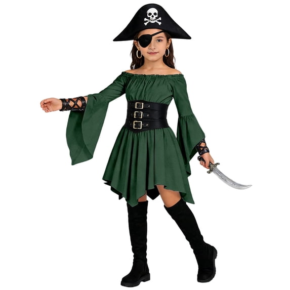 Ticikt Girl's Puff Sleeve Off Shoulder Ruffle Dress, Long Sleeve Flowy Layered Pirate Dress