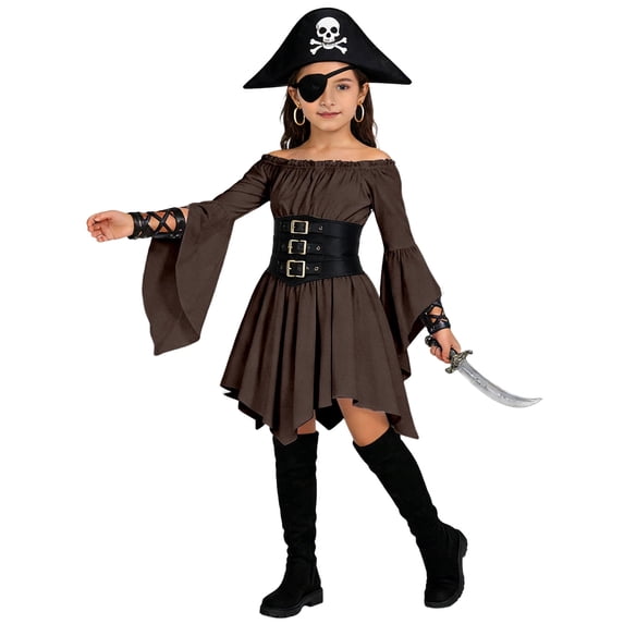 Ticikt Girl's Puff Sleeve Off Shoulder Ruffle Dress, Long Sleeve Flowy Layered Pirate Dress