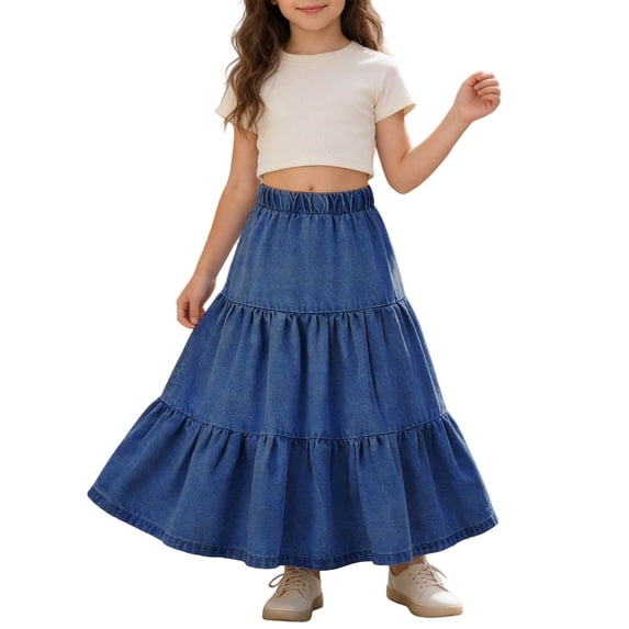 Ticikt Girl's Ruffle Denim Skirt Elastic High Waisted A Line Midi Jean Skirt