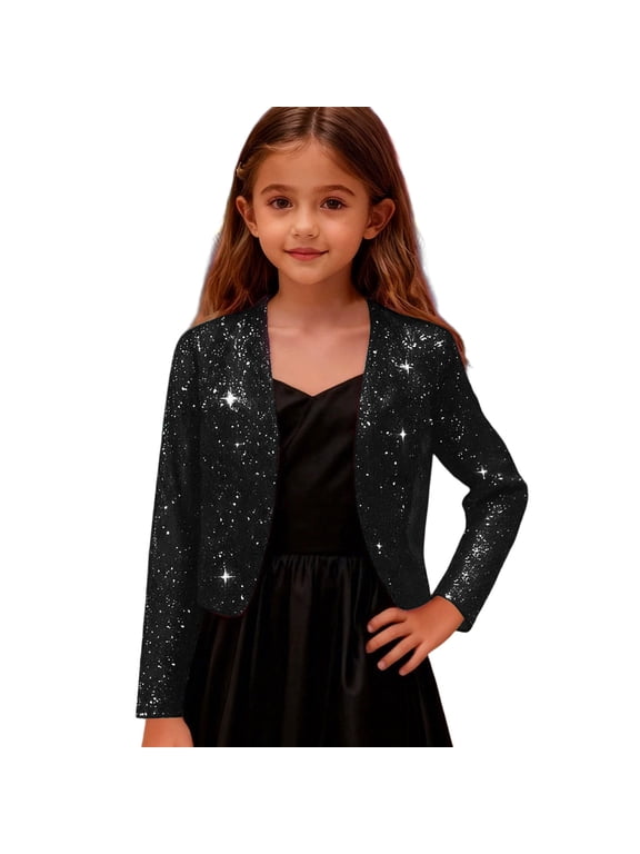Girl's Sequin Elegant Short Satin Jacket Long Sleeve Open Front Party Sparkly Cropped Cardigan Glitter Shiny Jackets,Color:Black