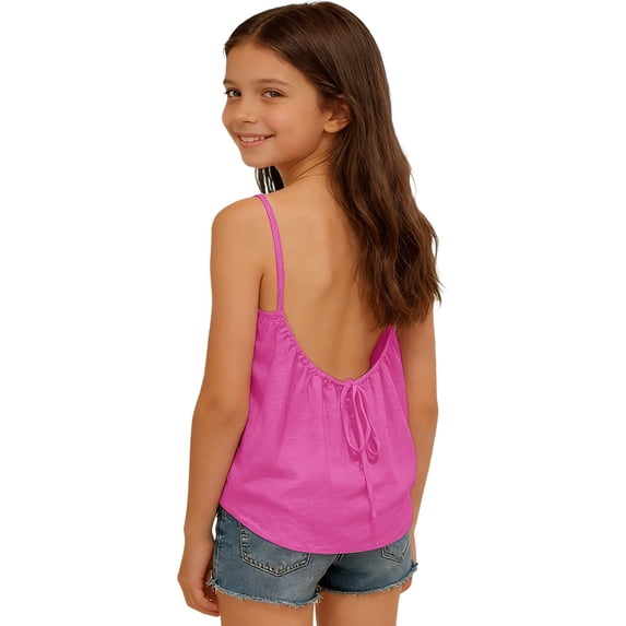 Ticikt Girl's Summer Camisole Tops Spaghetti Strap Pleated Cute Vacation Camisole Vest Flowy Loose Backless Holiday Shirt,Color:Hot Pink