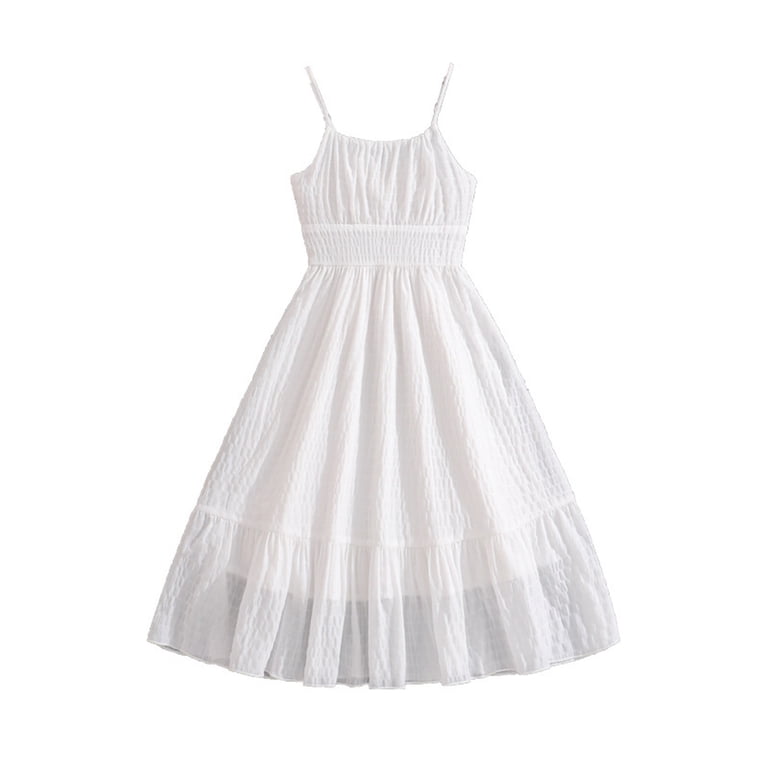 cute flowy white dress Ticikt Girl's Summer Spaghetti Strap Smocked Waist Tiered Ruffle Sundress,Color:White Nighty