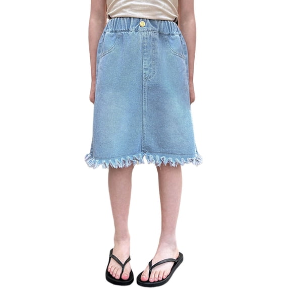 Ticikt Girl's Y2k Denim Skirt Elastic High Waisted Jean Midi Skirts with Pocket,Color:Blue,Size:6-7 Years