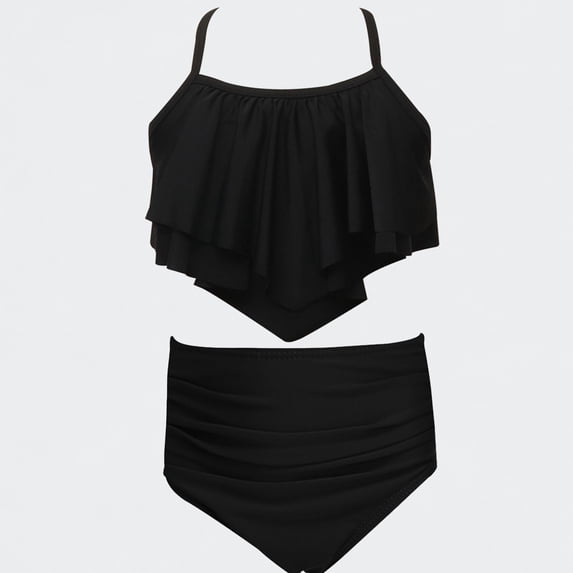 Ticikt Girls 2 Piece Bikini Set, Solid Ruffled Flounce Top High Waisted Ruched Bottom Swimsuit for 3-13Y,Black1