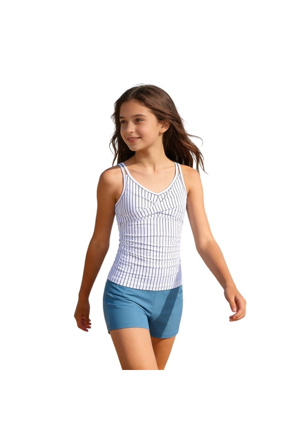 Girls 2-Piece Floral Print Tankini Swimsuit, Kids Tank Top & Shorts Bathing Suit with Chest Pad,Color:White