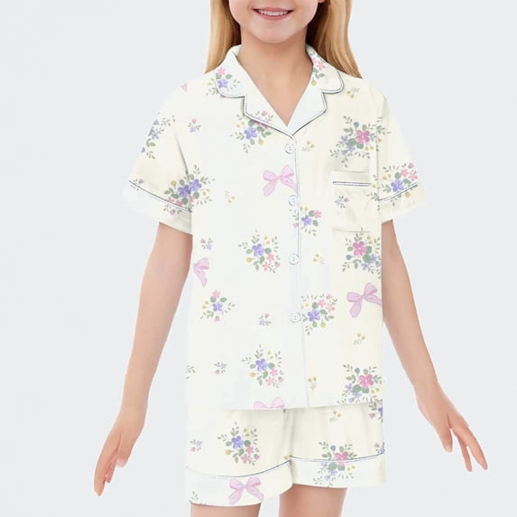 Ticikt Girls 2 Piece Pajamas Set, Short Sleeve Button Down Top & Shorts, Cute Bow Floral Print Loungewear for 2-13Y Kids,Beige