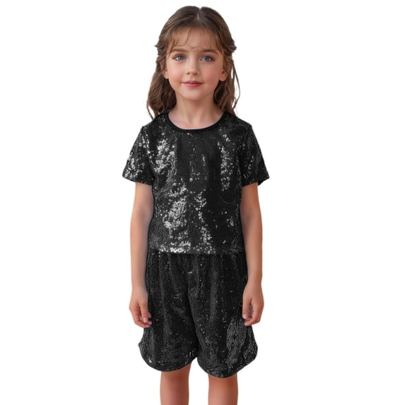 Ticikt Girls 2 Piece Sequin Party Outfits – Puff Sleeve Shirt Blouses and Shorts Set for Birthday