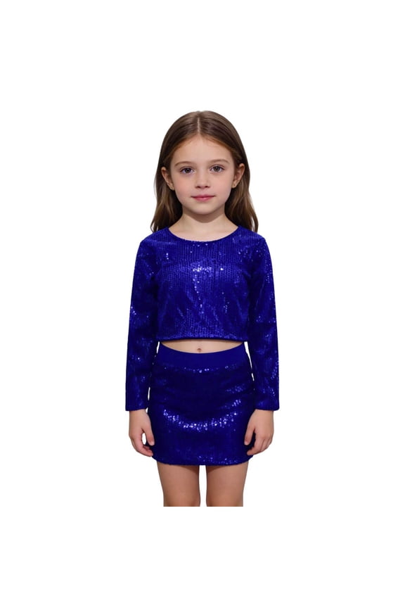 Girls 2 Piece Sequin Party Outfits – Puff Sleeve Shirt Blouses and Skirt Set for Birthday