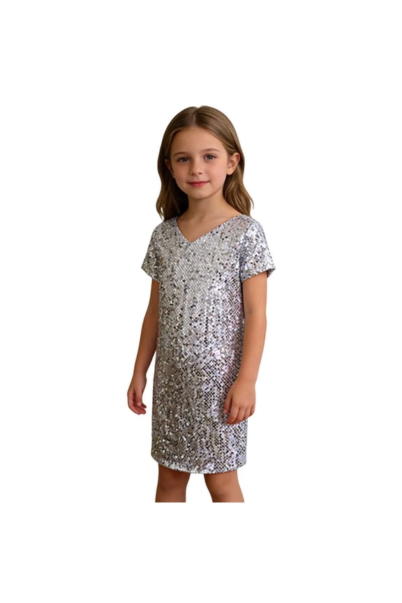 Girls 2 Piece Sequin Party Outfits – Puff Sleeve Shirt Blouses and Skirt Set for Birthday