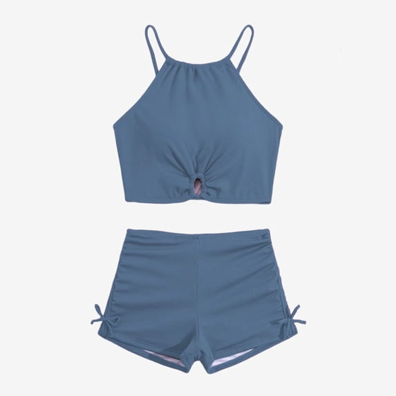 Ticikt Girls 2 Piece Swimsuit, Halter Cutout Top & High Waist Swim Shorts, Kids Solid Ribbed Bathing Suit,Blue