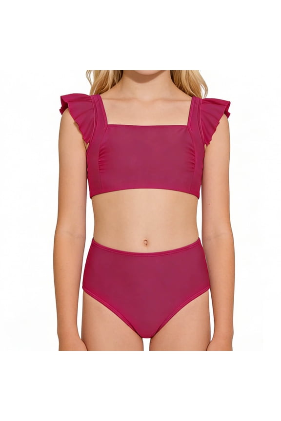 Girls 2 Piece Swimsuit Square Neck Ruched Ruffle Trim Bikini Sets Adjustable Straps Bathing Suit for Girls,Color:Hot Pink,Size:7-8 Years
