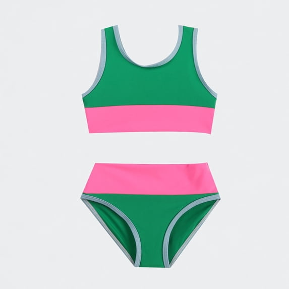Ticikt Girls 2 Piece Swimsuits Color Block Tankini Set with Chest Pad Swimwear 3-8Y,Green