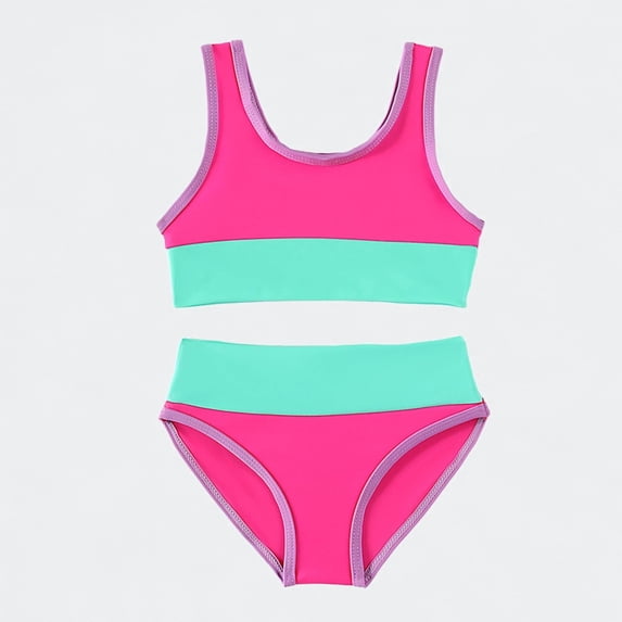 Ticikt Girls 2 Piece Swimsuits Color Block Tankini Set with Chest Pad Swimwear 3-8Y,Hot Pink