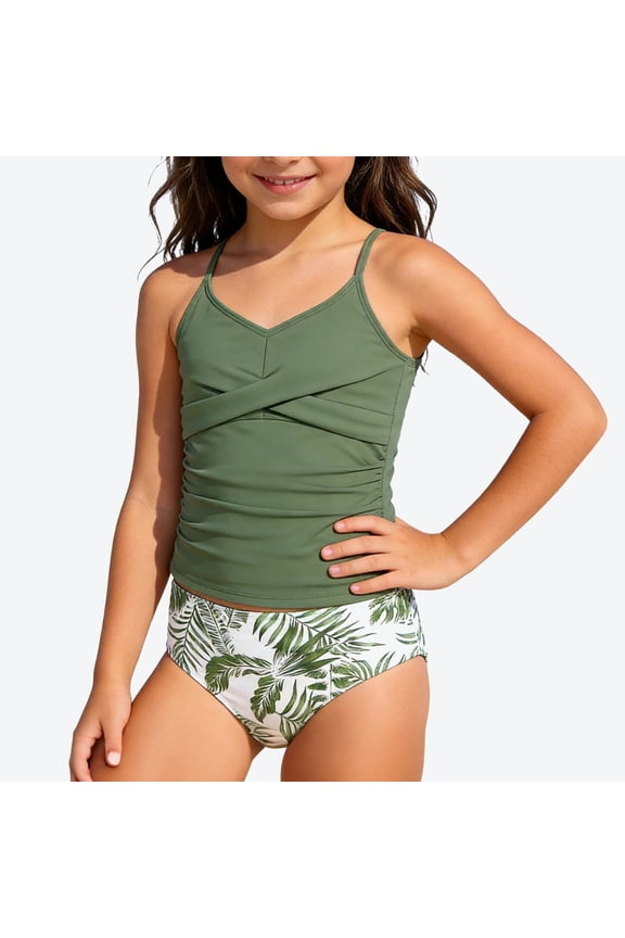 Girls' 2-Piece Tankini Swimsuit, Adjustable Strap Ruched Top with Tropical Print Bottom for 8-14Y,Green